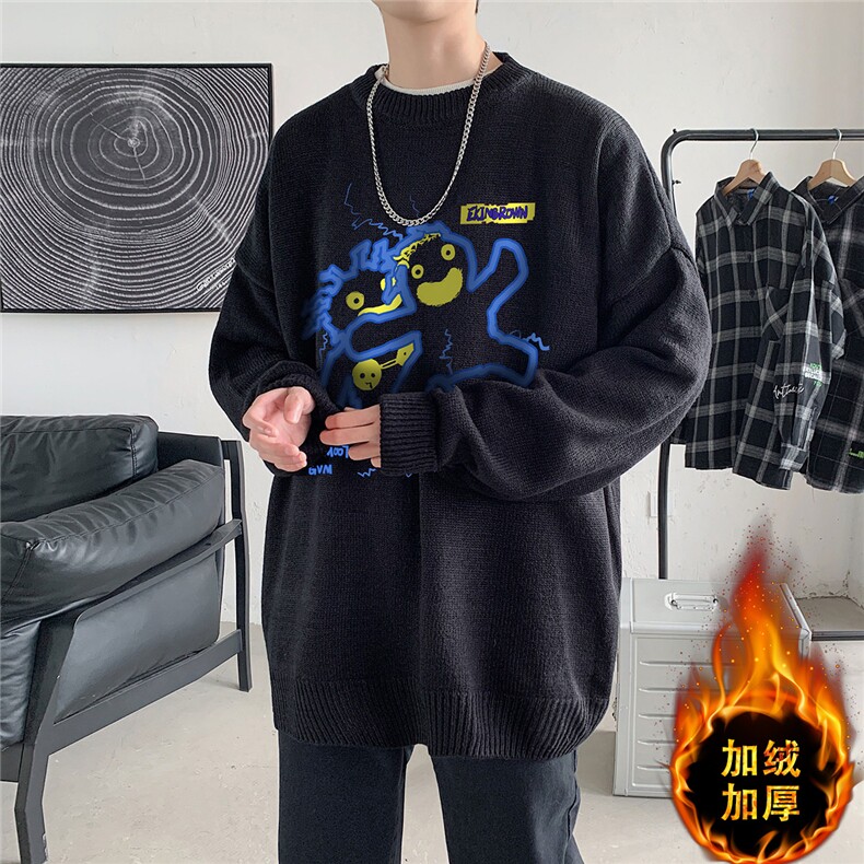 1港风新款宽松休闲中性情侣潮流印花毛衣男外套7831P48加绒P55图片