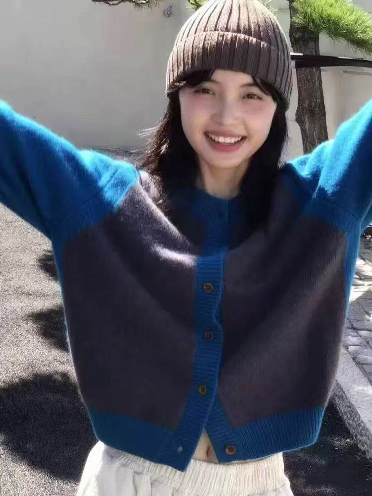 2025年秋季通勤单件长袖圆领时尚百搭拼色开衫，女装针织衫/毛衣，德聚羊绒