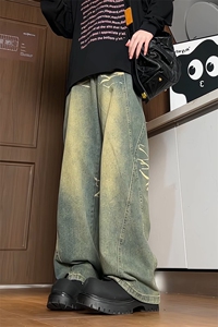 做旧色宽松直筒牛仔裤男长裤A12-P55图片