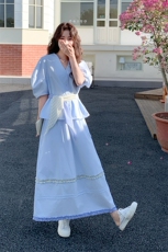 浅蓝色洋气时尚套装女2025夏新款法式温柔花苞袖上衣半身裙两件套，女装套装/套裙，慧尚2-185