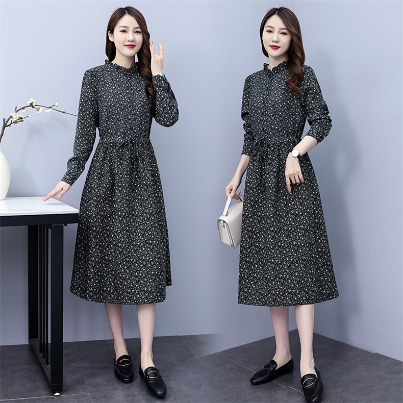 棉麻连衣裙子春款女春秋装2024年新款妈妈高端气质碎花打底中长裙，女装连衣裙，凝聚力