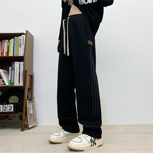 高街阔腿卫裤男女夏季重磅直筒条纹休闲裤潮牌复古运动裤子DK882图片