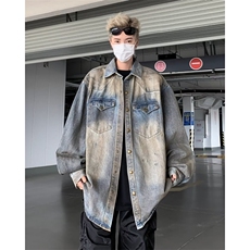 复古蓝牛仔衬衫外套男废土风重磅外套做旧宽松休闲长袖春秋季，男装衬衫，星座716-3