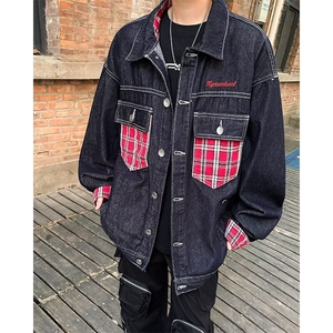 CL9825-P72 格子拼接牛仔外套男秋冬季撞色情侣潮牌翻领工装夹克图片