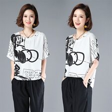 2022夏新款纯T恤个性图案连肩袖圆领时尚大码宽松显瘦体恤上衣女，女装T恤，涵誉