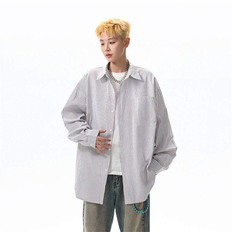 日系cityboy蓝白条纹衬衫男长袖潮牌美式高级感工装衬衣外套春秋,男装衬衫,电商B312