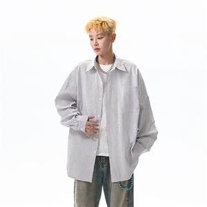 日系cityboy蓝白条纹衬衫男长袖潮牌美式高级感工装衬衣外套春秋图片