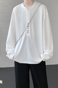 8XL-M 慵懒肌理感华夫格廓形云母贝纽扣长袖T恤打底长袖CX3006P48图片