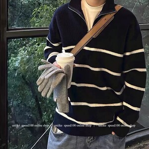 条纹毛衣男慵懒风复古软糯套头拉链针织衫 网图  MY507-P50图片