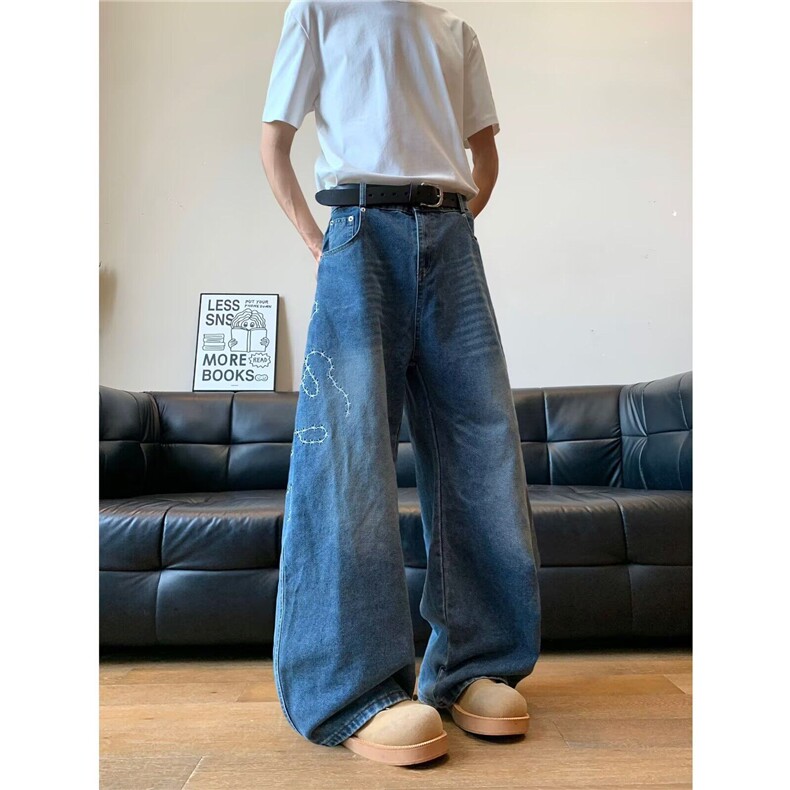 美式复古弯刀廓形牛仔裤男女春夏新款阔腿坠感拖地裤N07864-P53,男装牛仔裤,星座308B-1