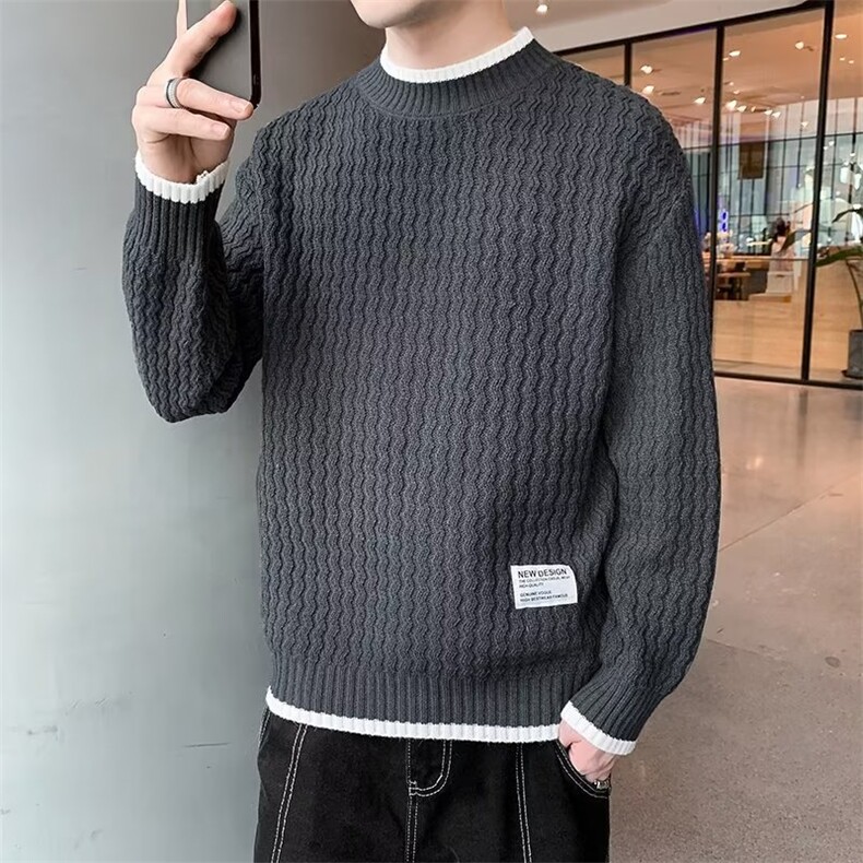 B040-P47冬季新款毛衣男士假两件半高领针织打底衫水波纹宽松,男装T恤,电商B323A