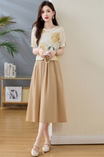 轻熟风气质时尚套装裙女2025夏新款印花短袖上衣半身裙休闲两件套，女装套装/套裙，欣贝拉