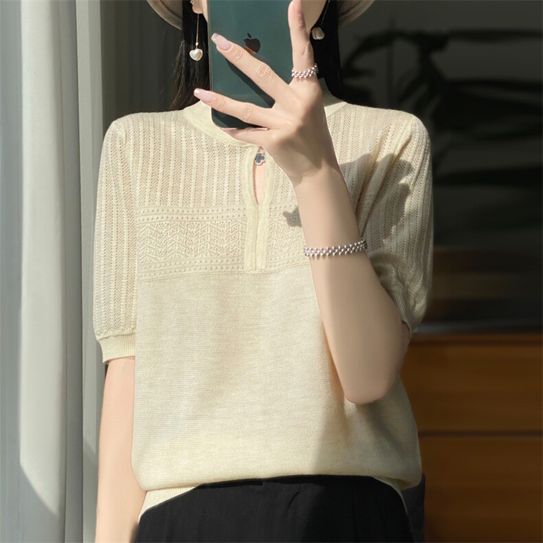 桑蚕丝羊毛针织T恤衫女夏季新款薄款镂空钉珠短袖内搭上衣打底衫,针织衫/毛衣,大美人包芯纱店