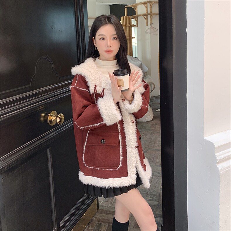 2024冬季新款女装仿羊羔毛外套时尚保暖显瘦短款大衣，女装羊羔毛/颗粒绒，灵力轩