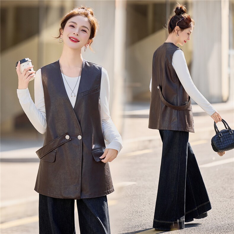 【春季女装新款】2026大量现货春季时尚百搭中长款皮衣马甲外套，女装皮衣，缘衣格