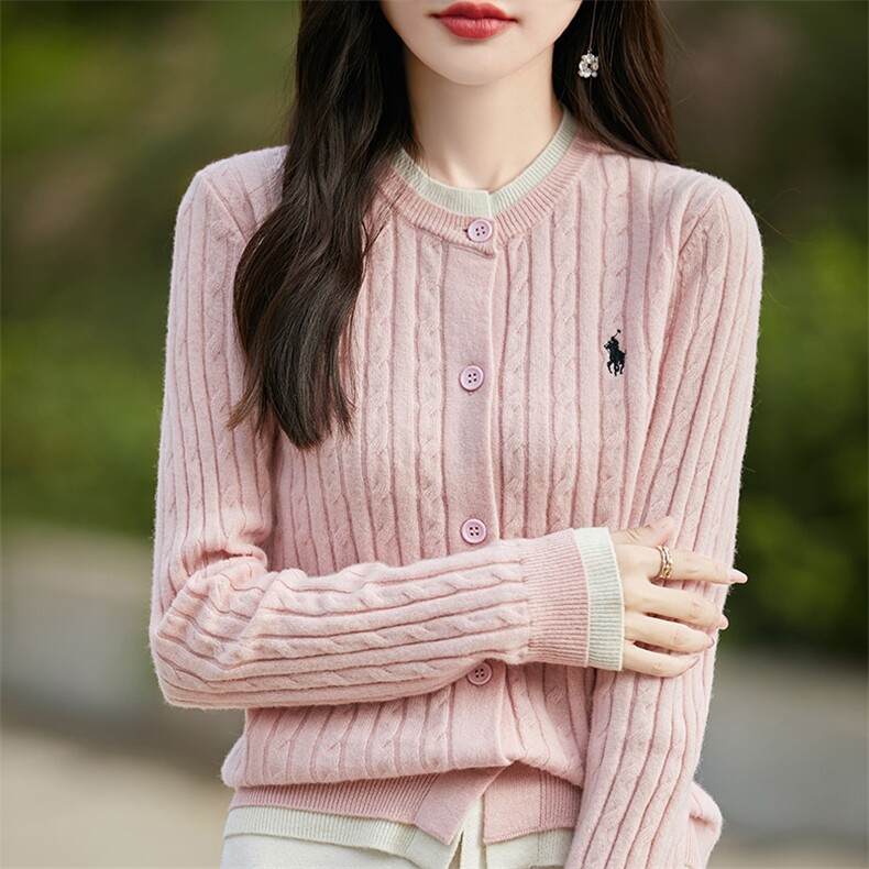 法式假两件麻花100纯羊毛针织开衫女撞色外套毛衣显瘦百搭打底衫图片
