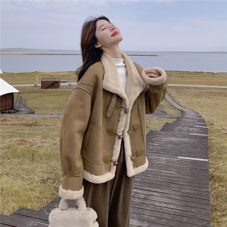 麂皮绒皮毛一体羊羔毛外套小个子时髦时尚洋气保暖上衣冬，女装羊羔毛/颗粒绒，浙宝B116