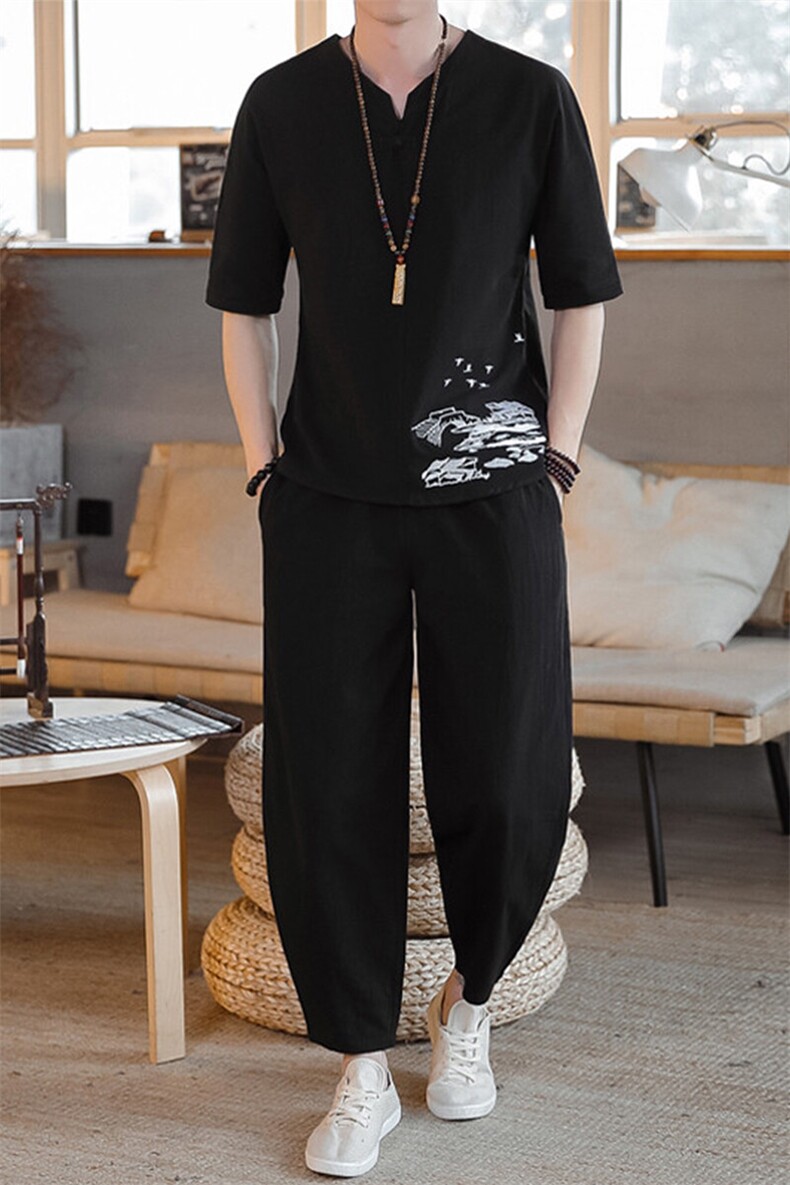 春夏汉服刺绣开衫T恤棉麻短袖风套装星座1512-1-TZ05-P65,男装T恤,星座1512