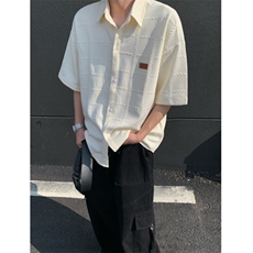 2026夏短袖格子衬衫大码男纹理提花衬衣薄外套CS580/特P35杏色6，男装衬衫，电商A094