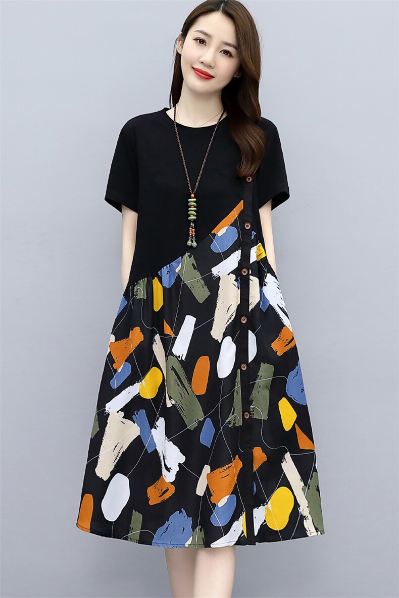 印花拼接棉麻连衣裙女夏季2025新款小个子宽松显瘦遮肚子短袖裙子,女装连衣裙,关键词