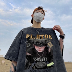 直播品质重磅240克美式复古蜡染水洗做旧宽松短袖t恤T1155P38，男装T恤，电商A486
