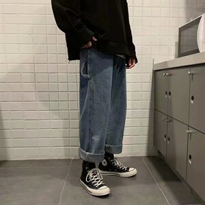 秋季新款韩版潮流阔腿裤复古港风直筒牛仔裤老爹裤长裤kz212-p38，男装牛仔裤，星座1008-2