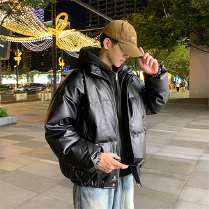 现货 假两件pu皮衣棉服外套男冬季新款加厚美式高街棉衣M106-P120图片