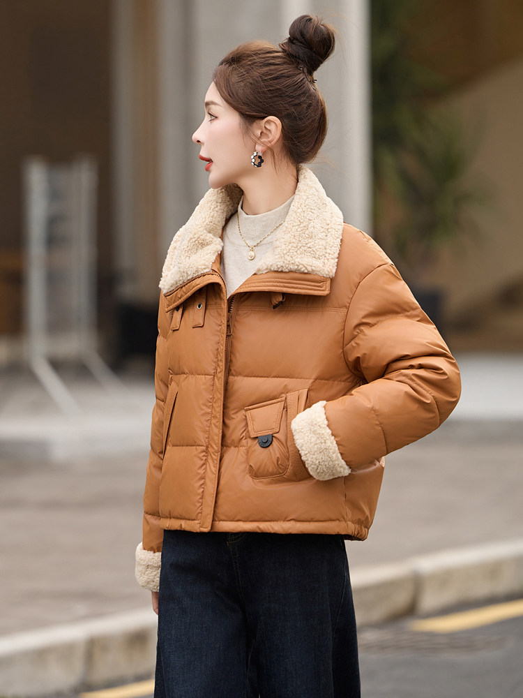 羊羔毛领拼接PU皮羽绒服女2025冬季新款小个子时尚洋气白鸭绒外套,女装羽绒服,沐七七