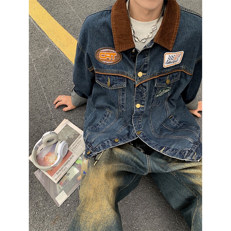 春季新款美式复古牛仔外套男机车潮牌翻领夹克宽松上衣JK1099-P85,男装工装外套,星座1103-3
