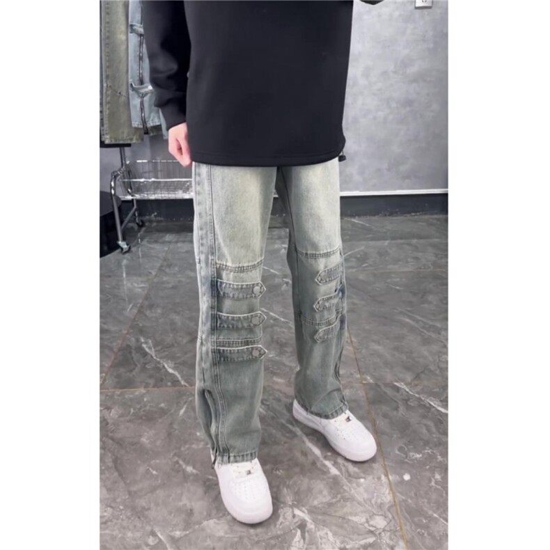 牛仔裤男夏季小众设计感高街裤子宽松直筒拉链开叉微喇裤NZA644,男装牛仔裤,星座516A