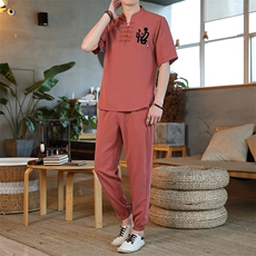 男士夏季冰丝短袖复古风唐装汉服中式居士服风套装ZT2301-P78，男装T恤，星座1105-3