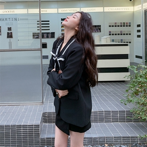 蕾丝飘带黑色西装外套女春秋2025新款小个子气质名媛高级感小西服图片