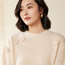 时尚新款女装红色羊毛毛衣优雅花朵装饰舒适百搭款，女装羊毛衫，北娇羊绒