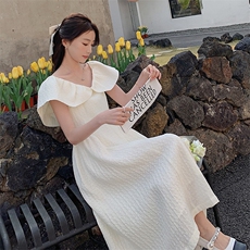法式茶歇小众气质超仙连衣裙夏季2025女新款露肩v领温柔风初恋裙，女装连衣裙，韩蜜菓