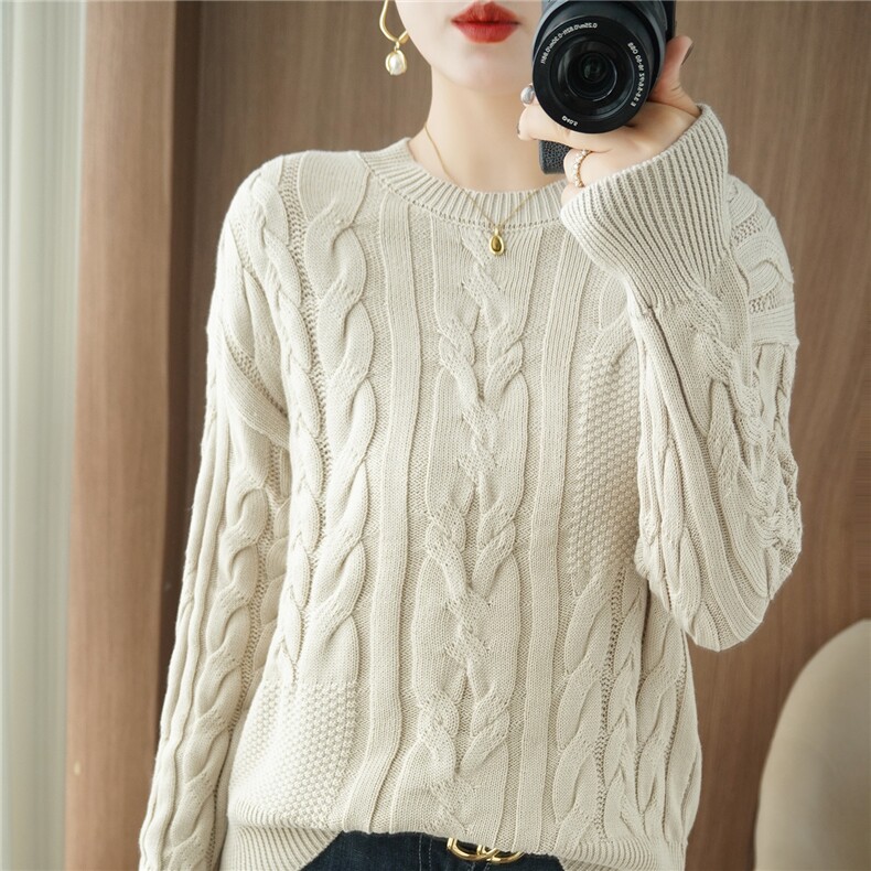 法式高端麻花100纯棉针织衫女2025新宽松显瘦加厚打底衫复古毛衣，女装针织衫/毛衣，品高羊绒