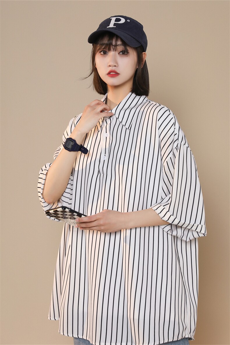 C8036/P35中性风夏季条纹冰丝衬衫男短袖衬衣宽松休闲大码上衣,女装衬衫,电商A141