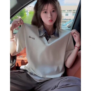网图假两件衬衫领短袖男女美式复古格子学院风情侣上衣YY811-P35图片