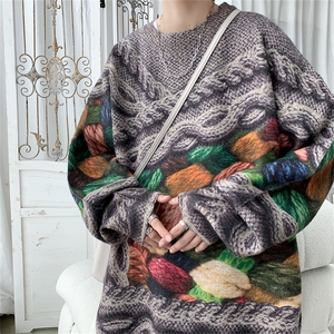 休闲毛衣男生秋季童趣印花设计长袖上衣校园风复古宽松大码针织衫图片