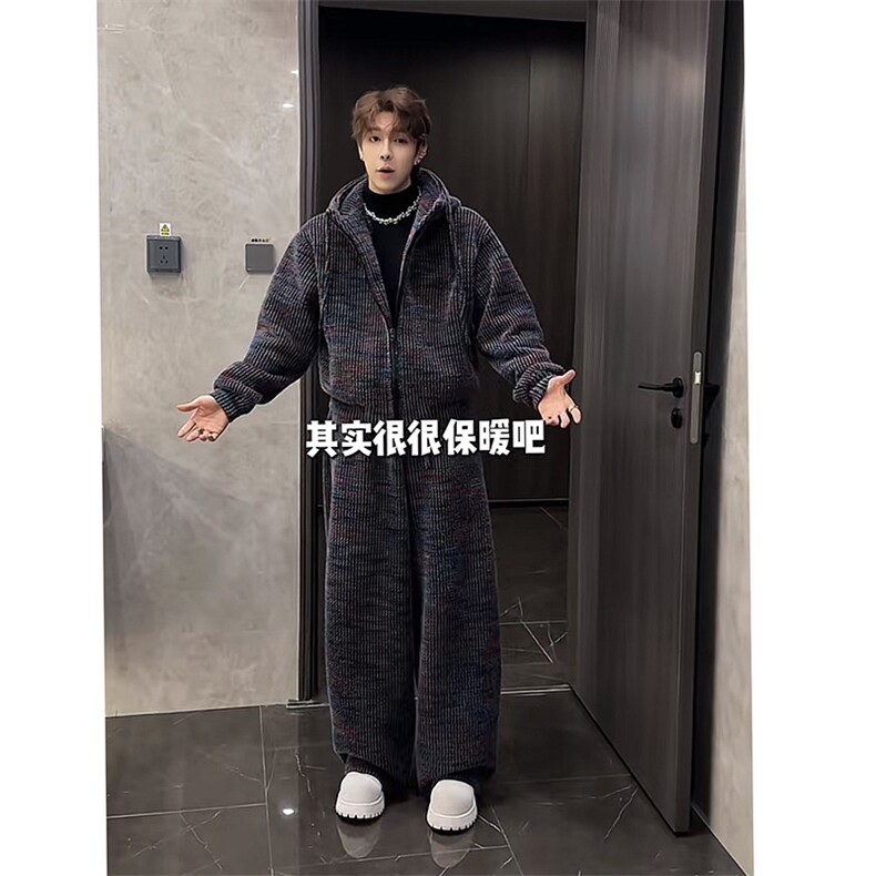 抖音加绒加厚针织连帽卫衣阔腿裤套装上衣P128裤子P95(网图,男装休闲套装,电商B267