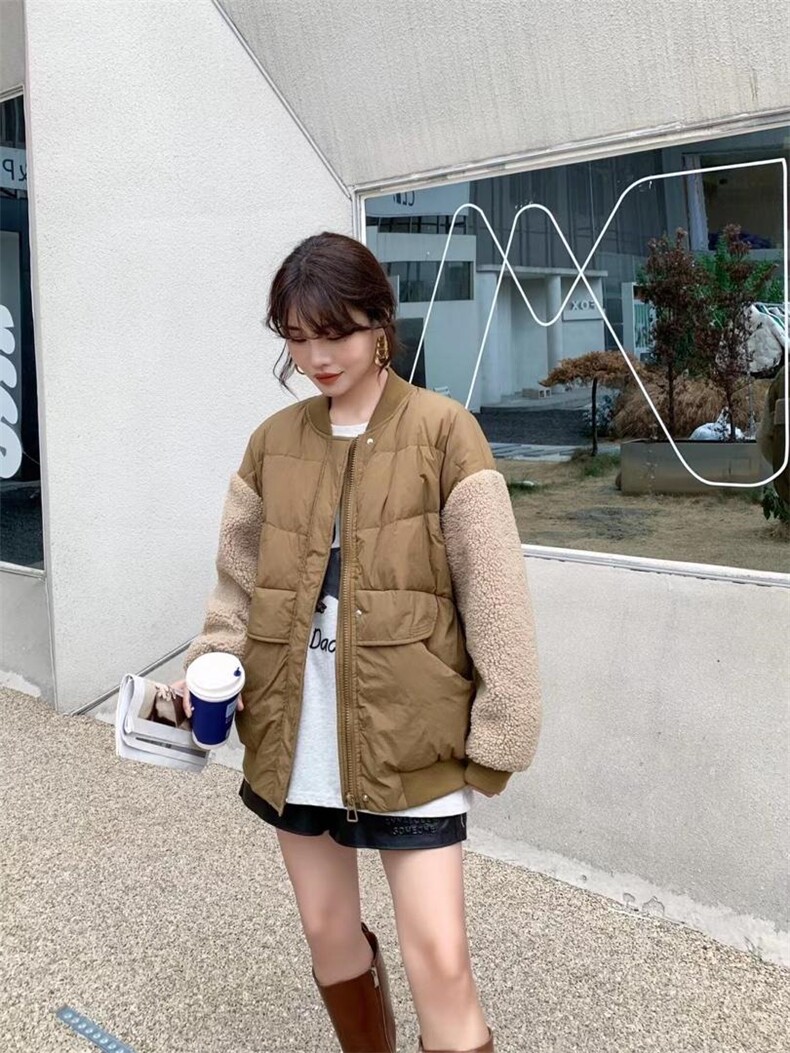 现货羊羔毛拼接羽绒服，女装羽绒服，爱美欧