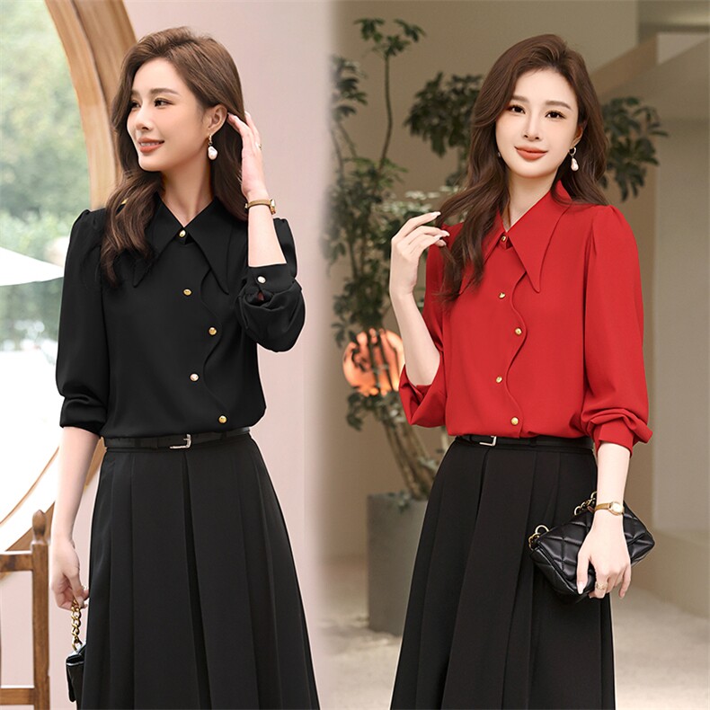 2024春季新款波浪门襟衬衫时尚百搭显瘦长袖上衣，女装衬衫，梦芯尔