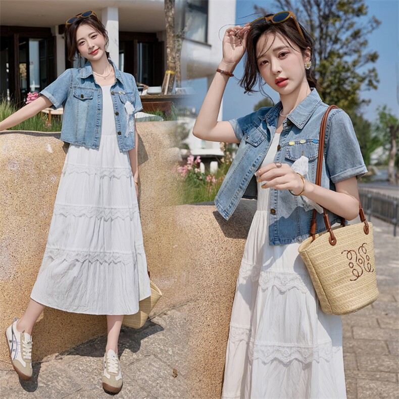 2025年夏季新品现货度假风吊带蕾丝花边连衣裙+牛仔短袖两件套，女装套装/套裙，臻衣坊