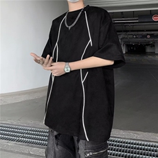 美式高街解构反光条宽松短袖t恤男生夏季潮牌麂皮绒上衣ST291-P32，男装T恤，星座412-3