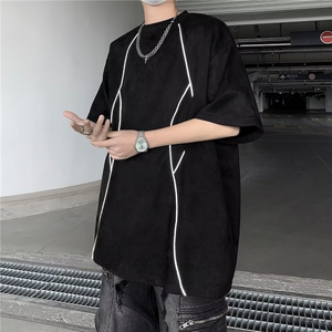 美式高街解构反光条宽松短袖t恤男生夏季潮牌麂皮绒上衣ST291-P32图片