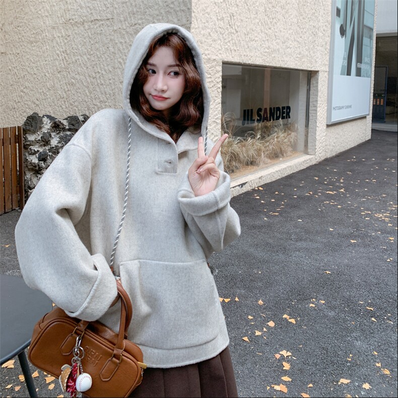 慵懒风套头连帽超好看卫衣女2025年冬季新款韩版减龄显瘦呢子大衣,女装毛呢外套,2C028