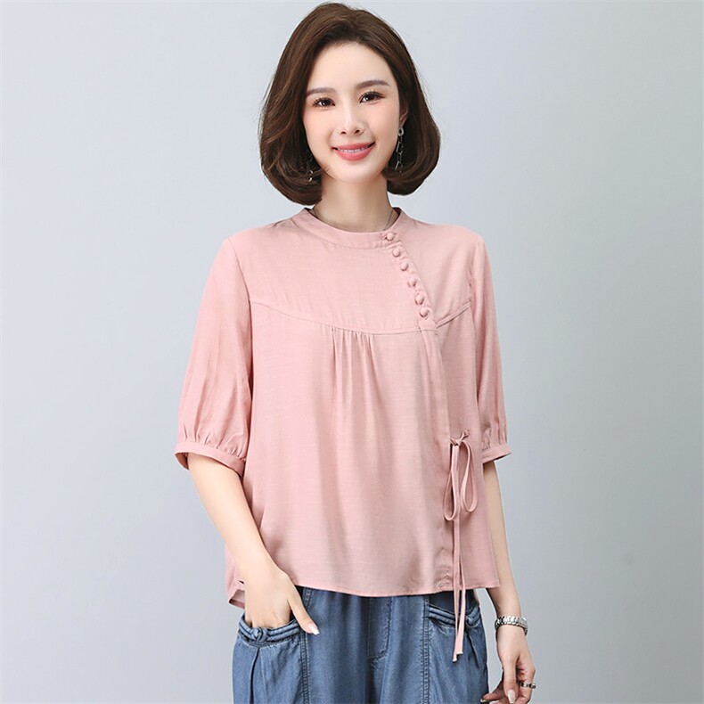 天丝T恤女2023新款夏季时尚中年妈妈小个子遮肉显瘦宽松棉麻上衣,女装T恤,忆绮罗