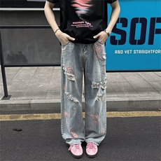 复古水洗牛仔裤男女潮牌宽松百搭直筒长裤男4126P49，男装牛仔裤，星座410-2