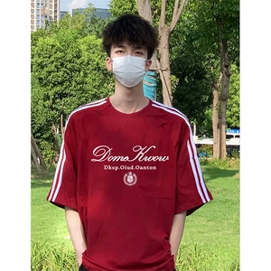 抖音得物高品质二开240克宽松纯棉美式潮牌三条杠织带短袖T恤图片