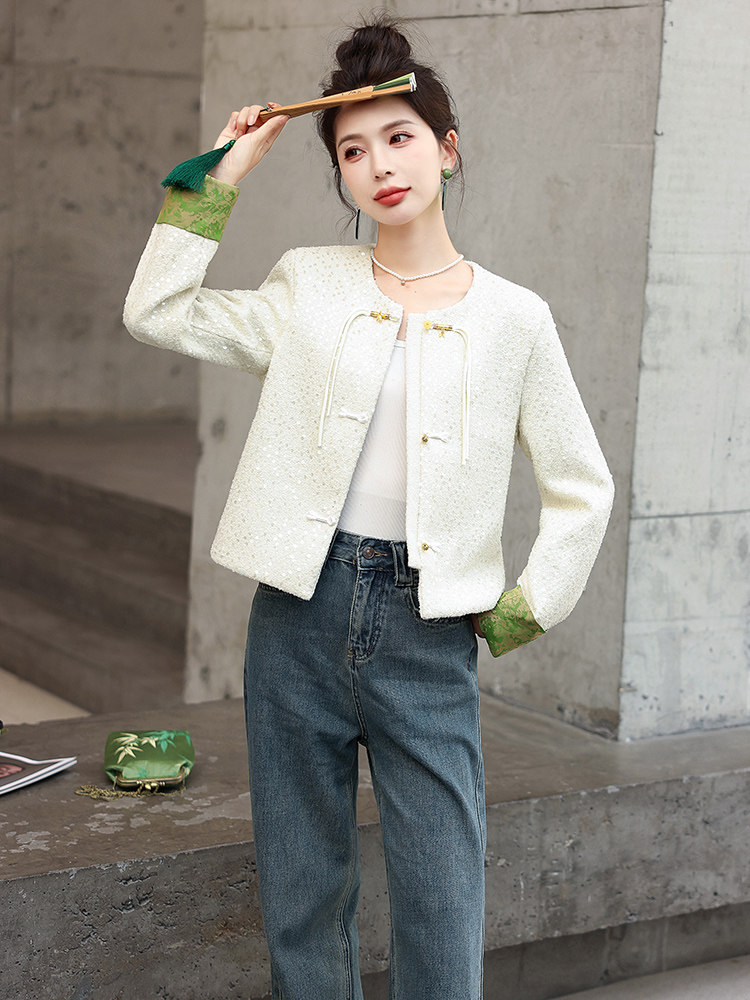 亮片新中式小香风外套女2025春秋新款小个子国风复古盘扣短款上衣,女装短外套,墨羽桐