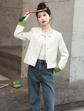 亮片新中式小香风外套女2025春秋新款小个子国风复古盘扣短款上衣，女装短外套，墨羽桐